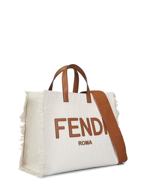 Shopper FFBorsa in Jacquard FF bianco e pelle marrone FENDI | 7VA591ARB2F1DZP